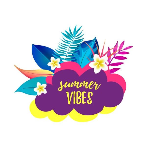 Burbuja de discurso de dibujos animados Summer Vibes con hojas de palma tropicales realistas . — Vector de stock