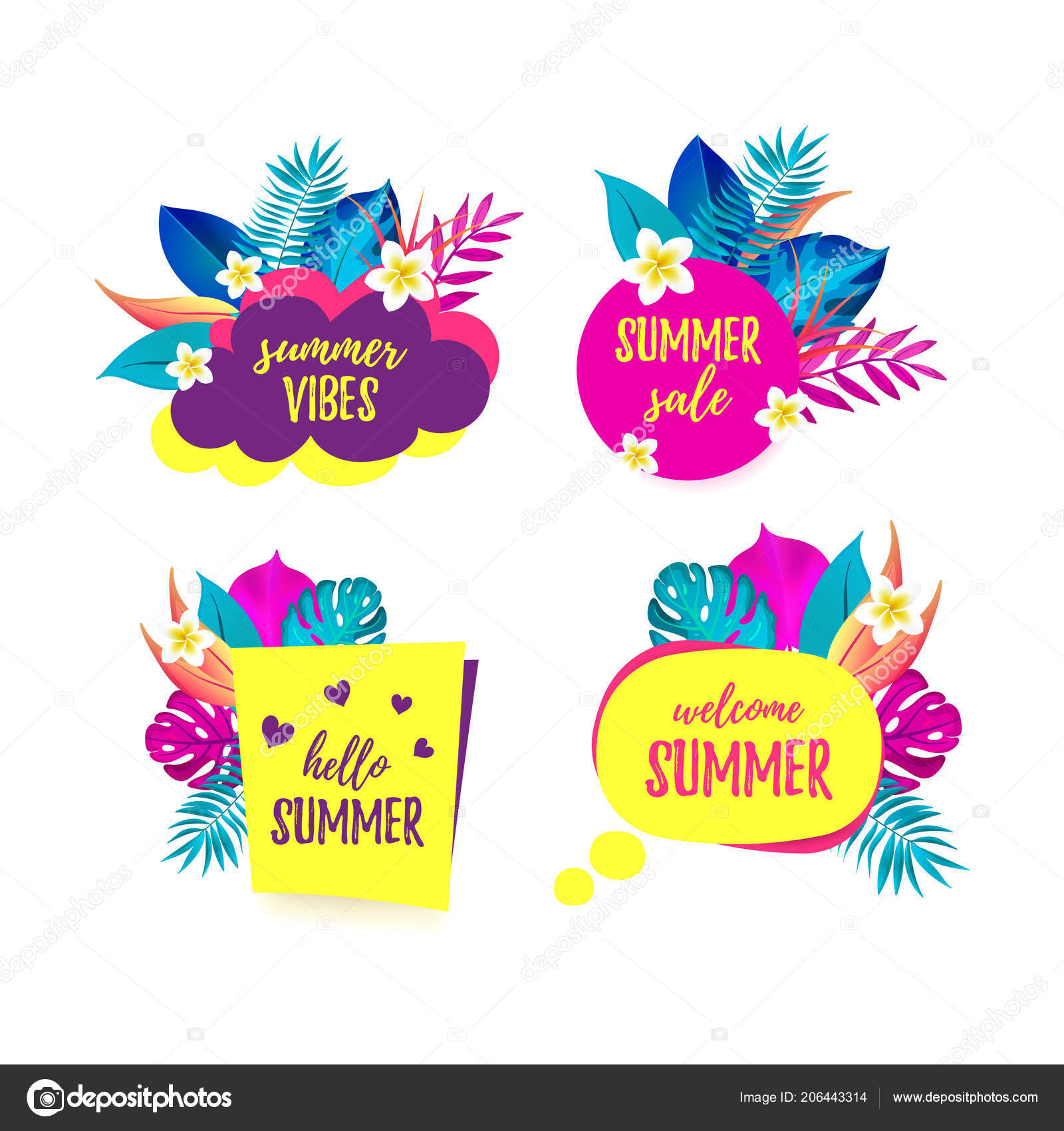 Set of Hello Summer, Summer Vibes, Sale, Welcome Summer speech bubbles, banners with realistic tropical palm leaves and frangipani flowers. Stock Vector Image by ©.com #206443314 Set of Hello Summer, Summer Vibes, Sale, Welcome Summer speech bubbles, banners with realistic tropical palm leaves and frangipani flowers. Stock Vector Image by ©.com #206443314