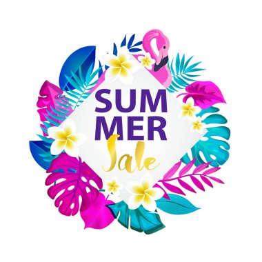 Yaz Satılık tipografi tasarımı. Retro tropikal harfleri ile frangipani çiçekler, palmiye yaprakları ve flamingo kuşu.