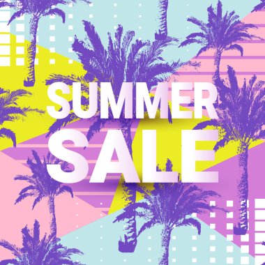 Yaz Satılık kart el çekilmiş palmiye desenli soyut geometrci arka plan üzerinde bırakır.