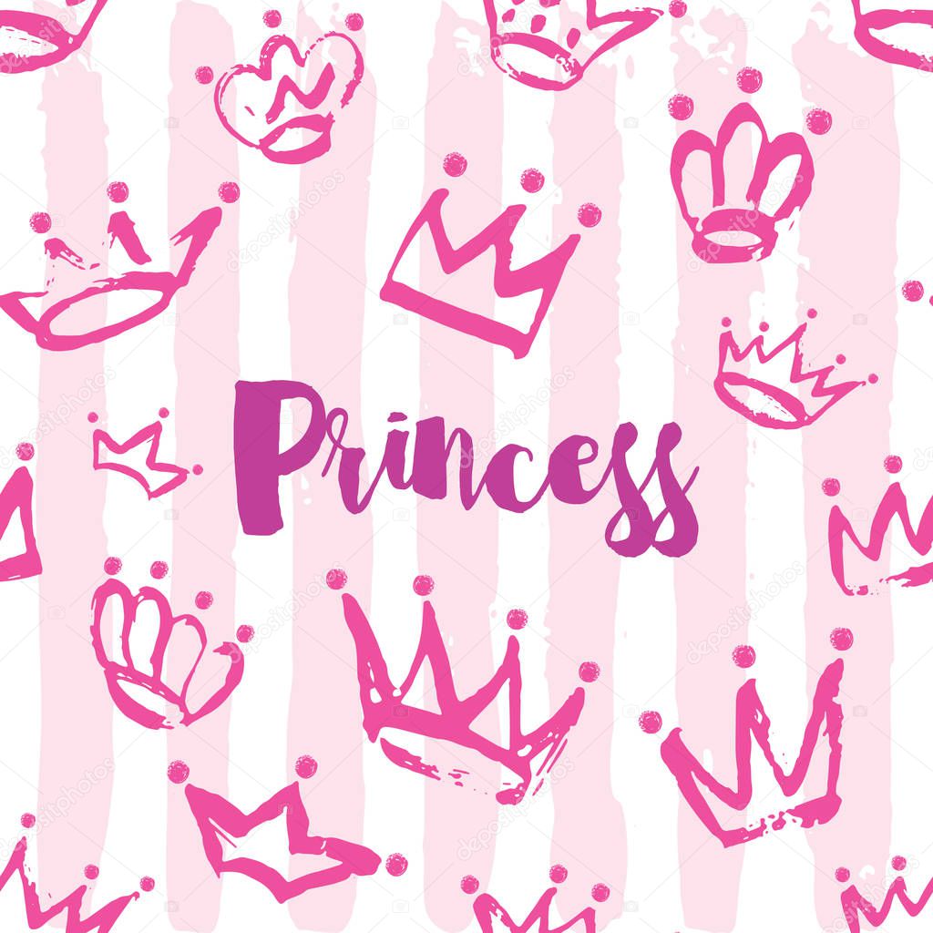 Princess card design. Hand drawn Crown pattern in pink color on striped background.