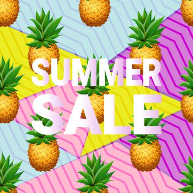 Yaz Satılık kartı soyut geometrik arka plan üzerinde gerçekçi ananas bir deseni ile.