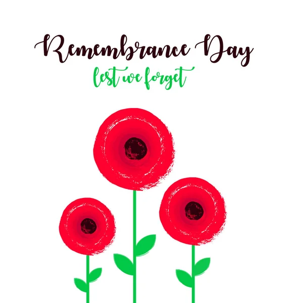 Remembrance Day poster with poppy flowers. Lest We forget lettering. — Stock Vector