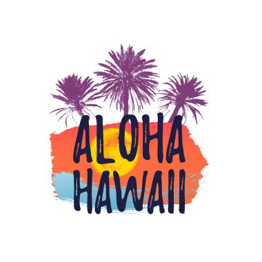 Aloha Hawaii tebrik afiş. Tropikal palmiye ağacı serbest mürekkep arka plan üzerinde.