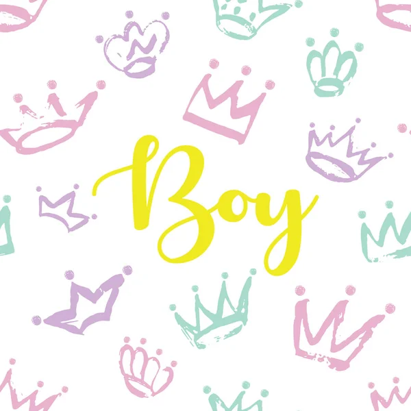 Projeto do cartão do menino. Padrão de coroa desenhado à mão para pequeno príncipe . —  Vetores de Stock