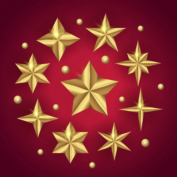 Vektor-Set mit realistischen Gold-3D-Sternen auf frohem Weihnachtshintergrund. — Stockvektor