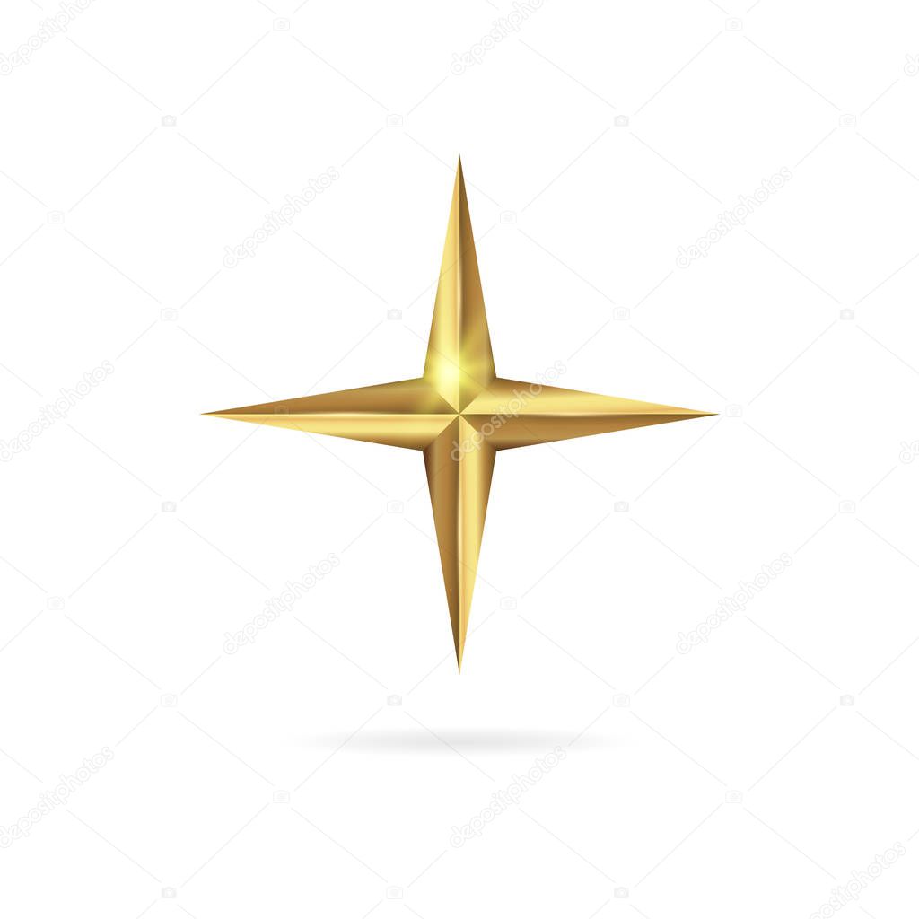 Realistic golden 3D star icon isolated on white background.