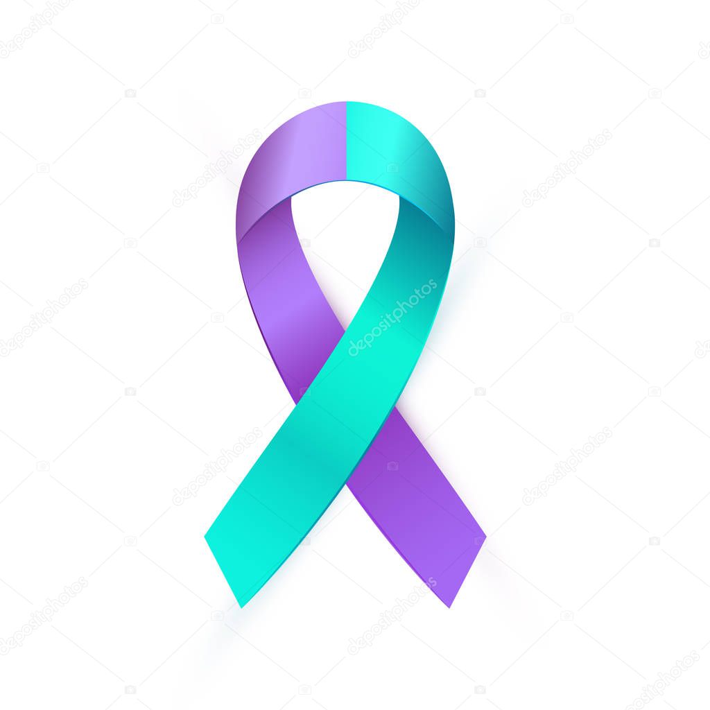 Realistic purple blue ribbon for Suicide Prevention Awareness isolated on white background. Double colour type medical banner. Vector illustration EPS 10 file.