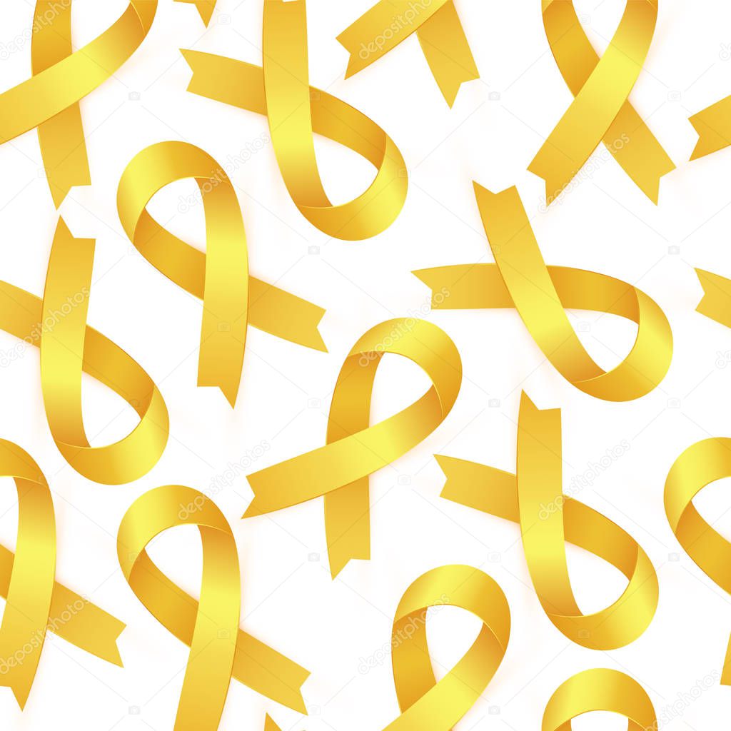 Realistic golden Ribbon seamless pattern to Childhood Cancer Awareness Month ICCD. Yellow ribbon medical symbol isolated on white background. Vector illustration EPS 10 file.