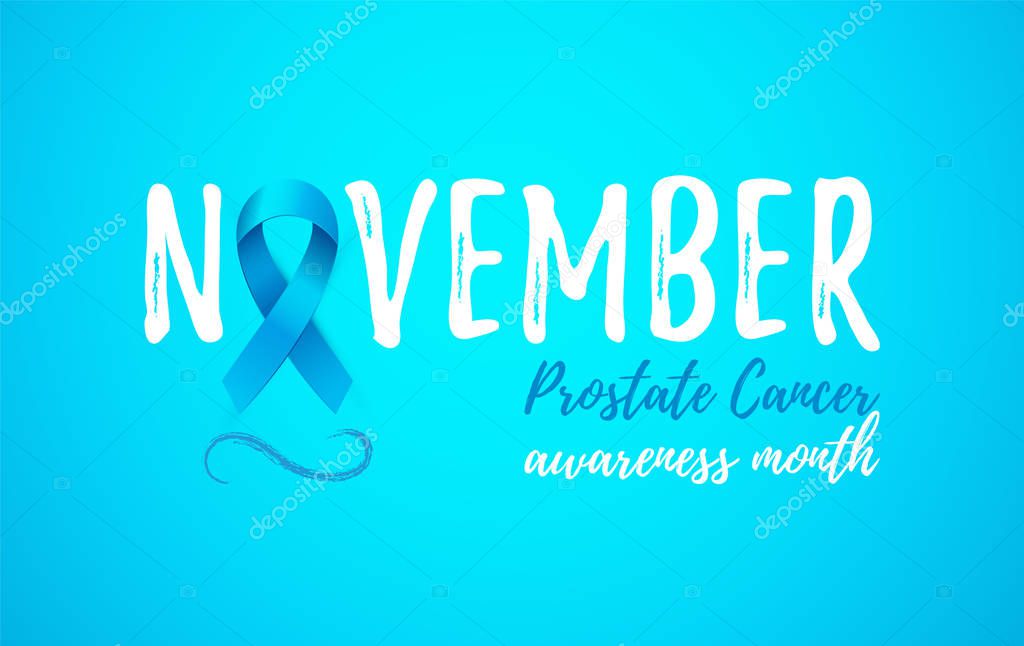 November Prostate Cancer Awareness Month banner with blue realistic ribbon. Mens health concept for prostate cancer, testicular cancer, mens suicide. Never give up encouraging. Vector illustration