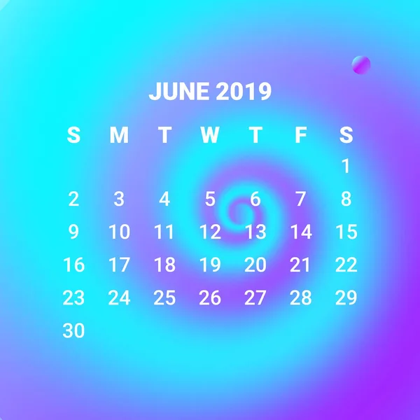 Calendario líquido colorido del líquido 3D 2019, diseño del concepto del mes de junio . — Archivo Imágenes Vectoriales