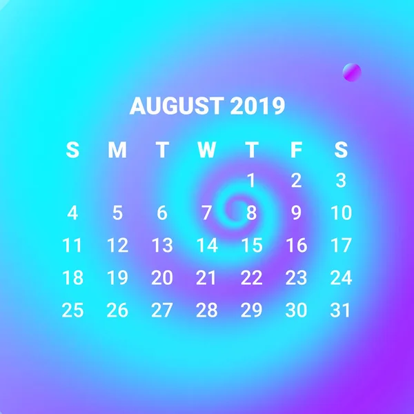 3d fluid bunte flüssige kalender 2019, august monat konzept design. — Stockvektor