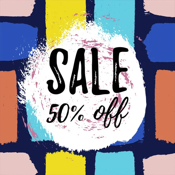 Sale 50 OFF banner. Hand drawn grunge style discount card with brush strokes and splashes. — Stock Vector