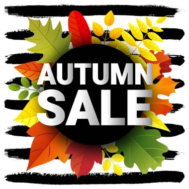 Sonbahar satış banner tipografi tasarımı. Düz stil sonbahar harflerle Retro sonbahar yaprakları ve çizilen fırça darbesi el. Yaratıcı yazı mevsimsel satış için. Vektör çizim