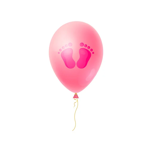 Pisadas de bebé de dibujos animados, huella de las niñas con globo realista rosa. Es una tarjeta de ducha de bebé niña — Vector de stock