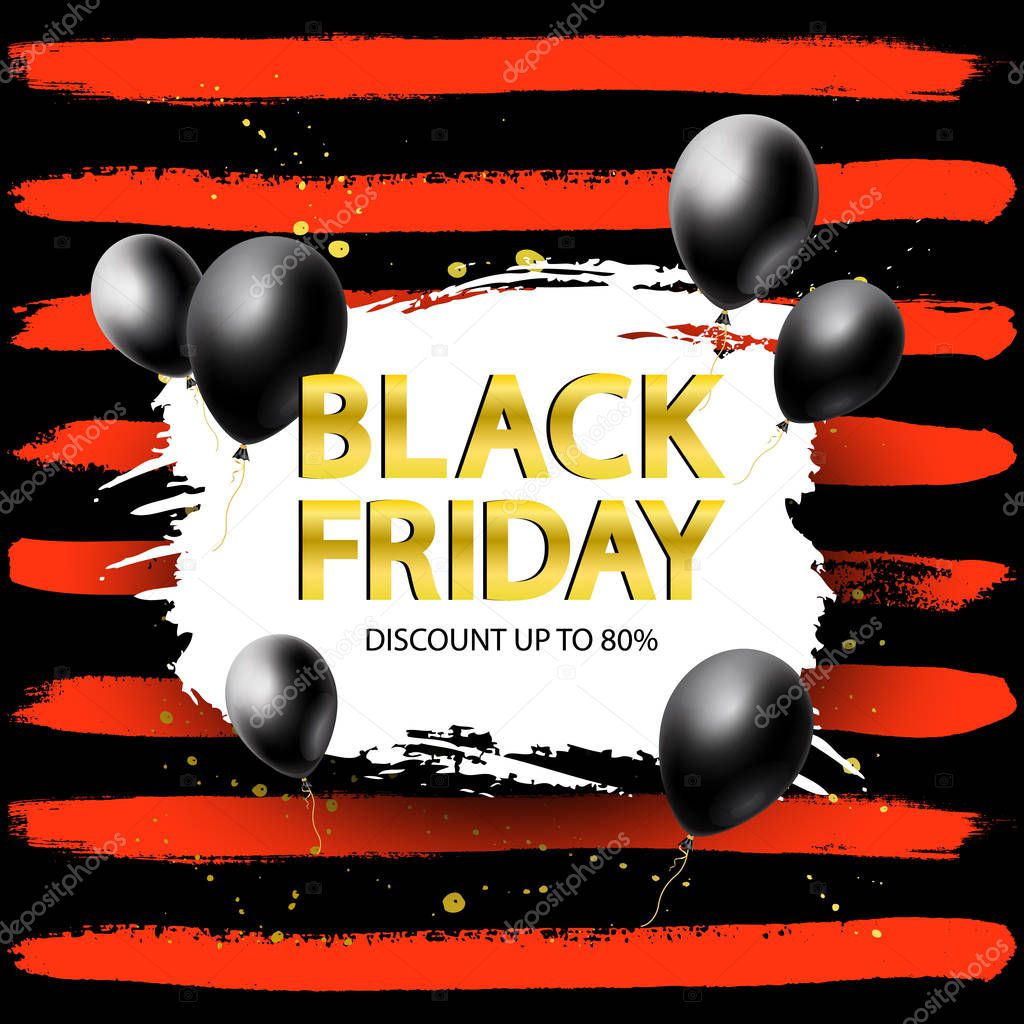 Black Friday Sale banner. Discount seasonal poster with realistic Balloon and hand drawn brush stroke