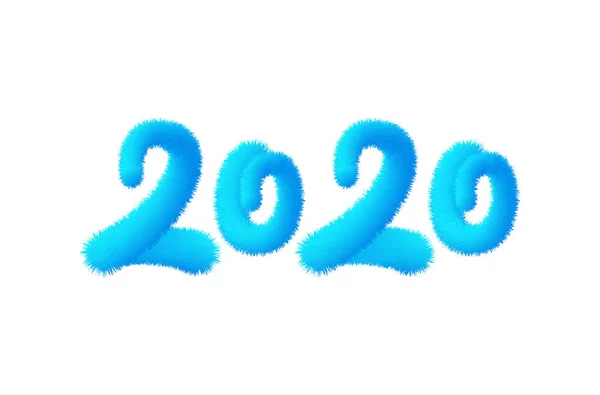 2020 caligrafía esponjosa dibujada a mano. Feliz Año Nuevo banner, cartel con texto azul 2019 con piel de animal — Vector de stock