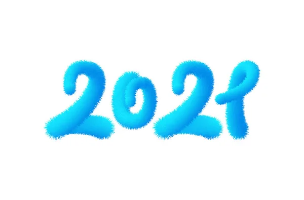 2021 caligrafía esponjosa dibujada a mano. Feliz Año Nuevo banner, cartel con texto azul 2019 con piel de animal — Vector de stock