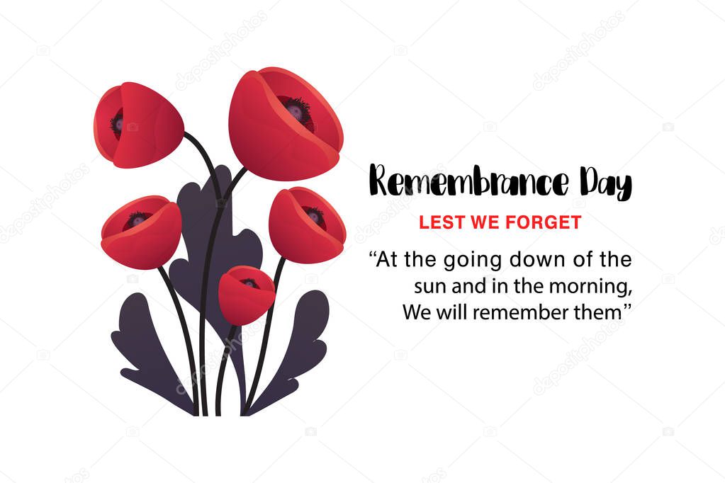Remembrance Day vector card. Poppy flower branch. Anzac Day