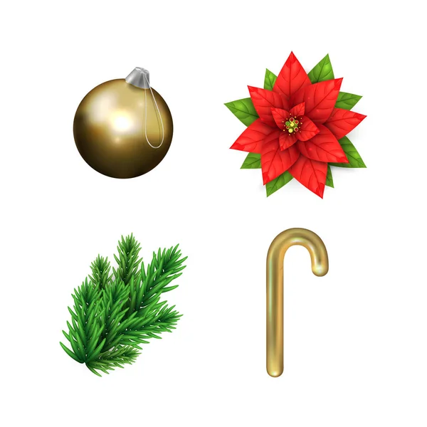 Set navideño de decoración navideña realista. Bola de Navidad brillante, flor de Poinsettia, caramelo de oro y rama de árbol de Navidad . — Vector de stock