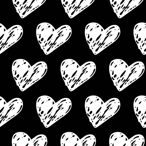 Elegante Seamless Hand drawn Hearts pattern. Black and White Ink design for t-shirt, dress, cloths. — Stock Vector