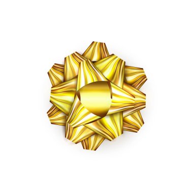 Beyaz arka plan üzerinde izole şeritler gerçekçi altın hediye yay. Noel, yeni yıl tebrik kartları, reklam, afiş veya afiş altın simgesi.