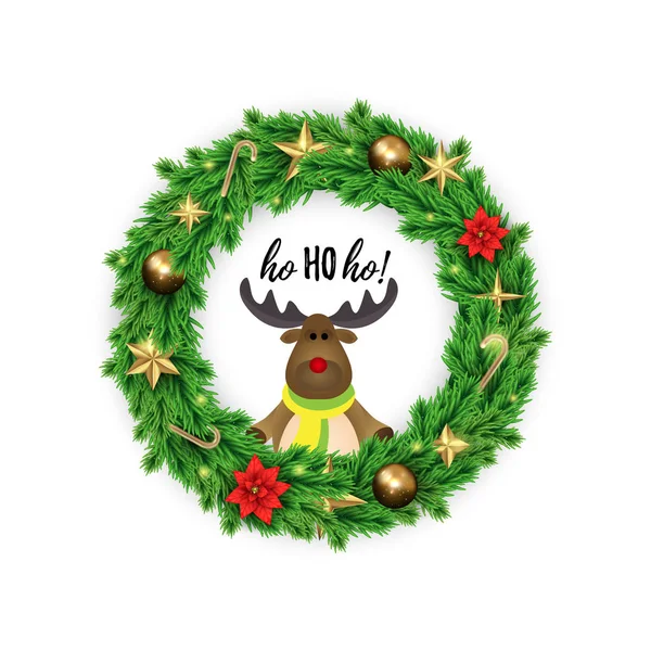 Lettrage Ho Ho Ho. Joyeux renne avec couronne de Noël de branches de pin. Carte Babyis pour Noël et bonnes fêtes de fin d'année . — Image vectorielle