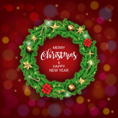 Altın yıldız, Atatürk çiçeği ve şeker ile doğal Noel çelenk çam dalları. Mutlu Noeller, Noel ve mutlu yeni yıl tatil için parlak dekor.