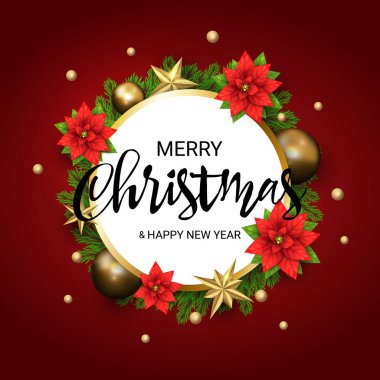 Neşeli Noel ve mutlu yeni yıl yeşil Çamın dalları bir çelenk ve altın yıldız, Atatürk çiçeği, konfeti ile banner yuvarlak. Xmas tatil için dekor