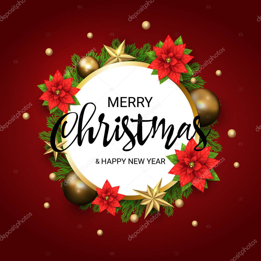 Merry Christmas and Happy New Year round banner with a Wreath of green Pine branches and Golden Stars, Poinsettia, confetti. Decor for Xmas holiday