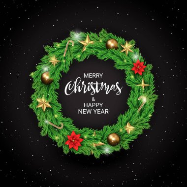Altın yıldız, Atatürk çiçeği ve şeker ile doğal Noel çelenk çam dalları. Mutlu Noeller, Noel ve mutlu yeni yıl tatil için parlak dekor.