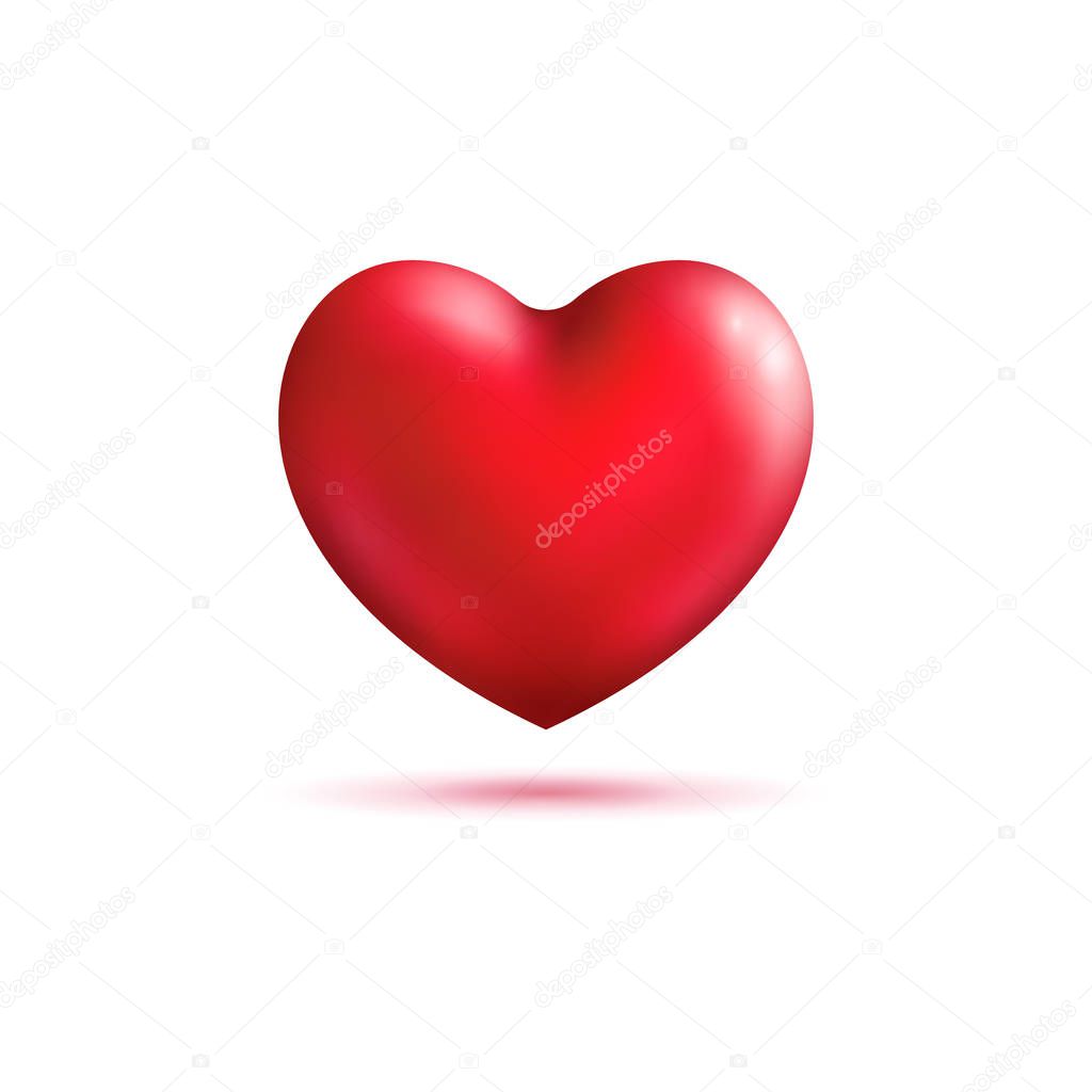 3D Realistic Red Heart shape with shadow. Sparkling Saint Valentines holidays symbol isolated on white backdrop.