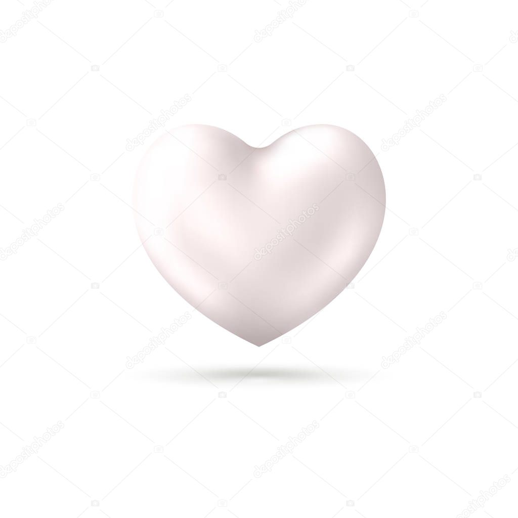 3D Realistic Silver Heart shape with shadow. Sparkling Saint Valentines holidays symbol isolated on white backdrop.