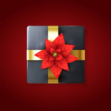 Gerçekçi Atatürk çiçeği çiçek ve altın şerit 3D hediye kutusu. Xmas zemin tasarım öğesi. Gri tatil hediye kutu kırmızı zemin üzerine bağlı