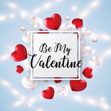 My Valentine tebrik afiş 3d kalpler, parlak inci ve gerçekçi parlak mavi arka plan üzerinde izole çelenk ile olmak. Kalp şeklinde balonlar ile mutlu sevgililer günü kartı. Vektör çizim