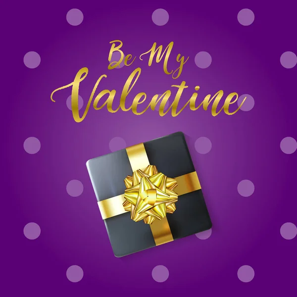 私のバレンタイン グリーティング バナー 現実的なギフト ボックスと光沢のあるゴールドのリボンであります バイオレット Polca ドット背景にエレガントな幸せなバレンタインデーのカード ベクトル図 — ストックベクタ