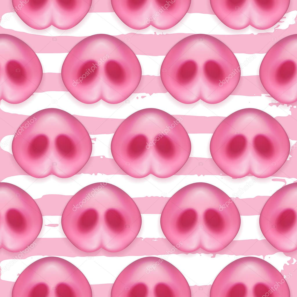 Pattern of Pigs noses. Cute Pigs Snout on hand drawn striped backdrop. Greeting icon of Chinese 2019 New Year.