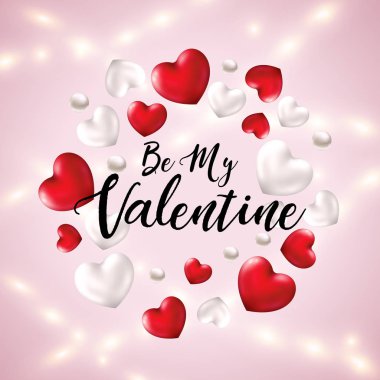 My Valentine tebrik afiş 3d kalpleri ve gerçekçi parlak çelenk ile olmak. Mutlu sevgililer günü kartı kalp şeklinde balonlar ile.