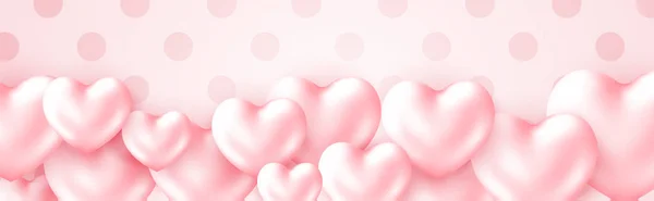 해피 발렌타인 데이 휴일 포스터와 3d 금속 반짝 하트 파스텔 색. 부드러운 분홍색 배경에 텍스트 인사말. — 스톡 벡터