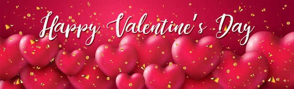 Beautiful Happy Valentines Day banner with 3d realistic glossy Hearts Pink color and golden confetti background. Greeting text on festival backdrop. — Stock Vector