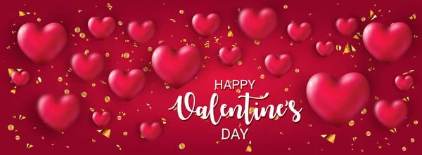 Elegant Happy Valentines Day holiday poster with 3d shiny Heart Pink color and golden confetti. Greeting text on a festive backdrop