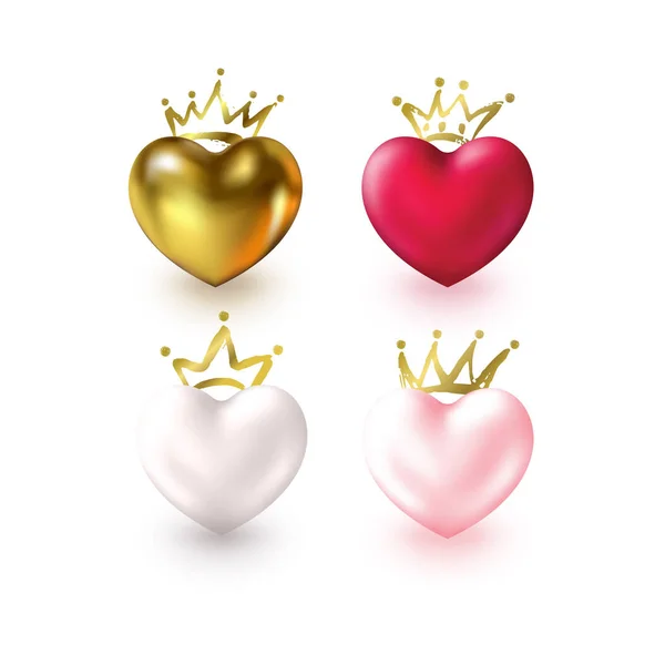 Conjunto de corazón Love 3D con coronas doradas sobre fondo blanco. Glosar corazones lindos realistas para reina o rey ideas creativas. Tarjeta de felicitación del día de San Valentín, etiqueta, pegatina . — Vector de stock