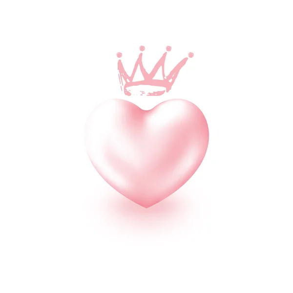 Love Realistic Pink Heart with cute Crown isolated on white background. Shiny 3d elegant symbol for queens or kings design idea. Valentines Day greeting card, tag, sticker. . — Stock Vector