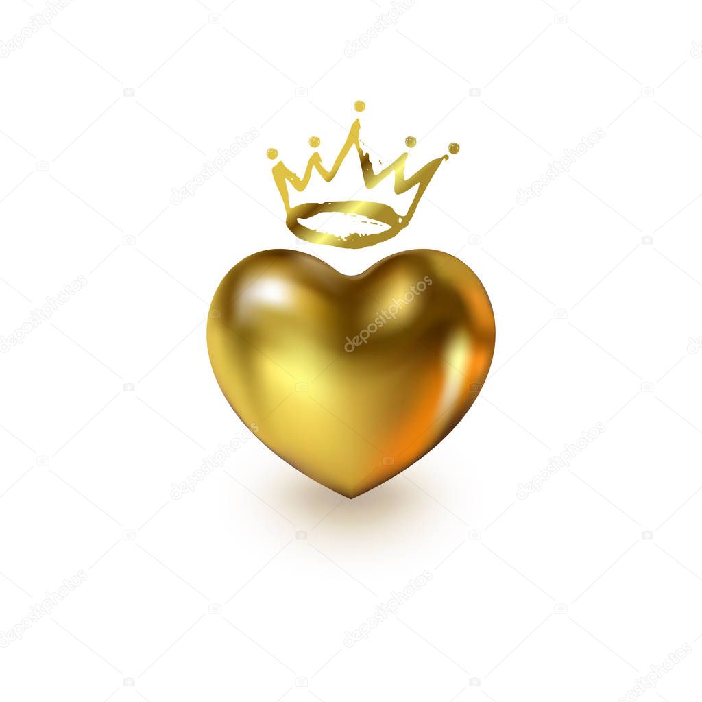 Love Realistic Heart with golden Crown isolated on white background. Shiny 3d elegant symbol for queens or kings design idea. Valentines Day greeting card, tag, sticker.