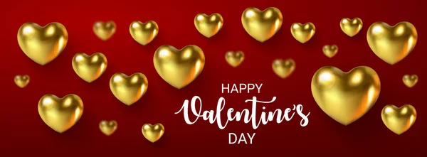 Mooie Happy Valentines Day banner met 3D-realistische gouden hart. Begroeting op festival achtergrond. — Stockvector