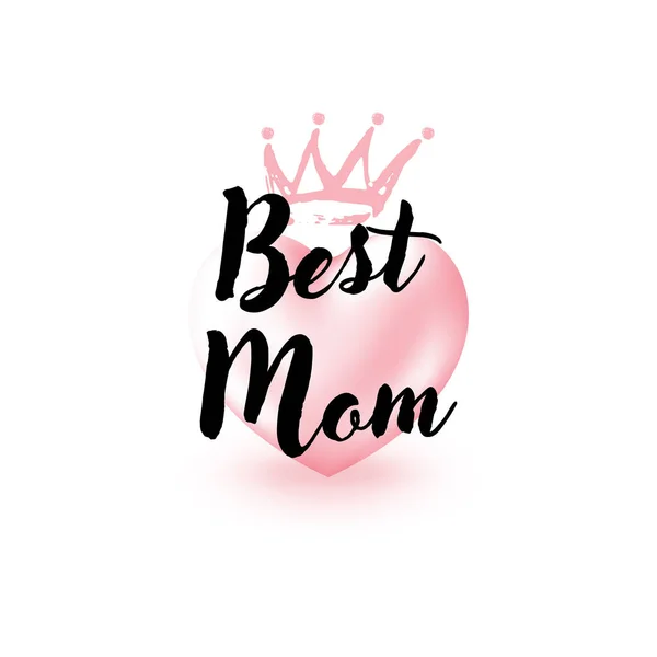 El mejor mensaje de saludo de mamá. Hermosa tarjeta de celebración del Día de las Madres con corazón rojo brillante 3d y corona aislada en blanco. Banner de saludo de red social . — Vector de stock