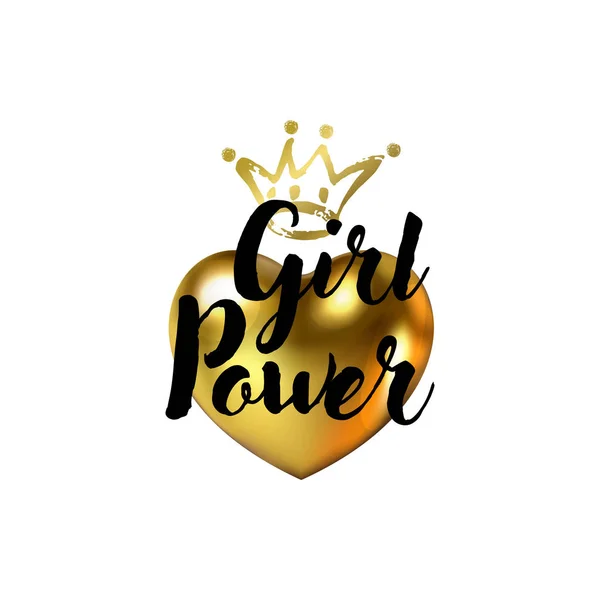 Girls power popular quote. 3d Gold Heart and hand drawn Crown isolated on a white. Cute lettering card, web tag, sticker. Beautiful girlish decor, posters, cards, labels, tshirt. — Stock Vector