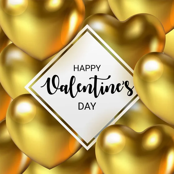 Tarjeta de lujo feliz día de San Valentín con 3d realista corazón de oro. Texto de saludo sobre telón de fondo del festival . — Archivo Imágenes Vectoriales