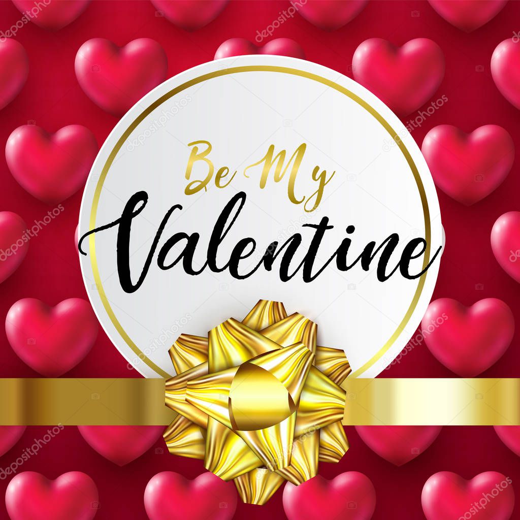 Beautiful Be My Valentine banner with 3d metallic glossy Hearts Pink color. Glossy festive web poster for Happy Valentines Day holidays.