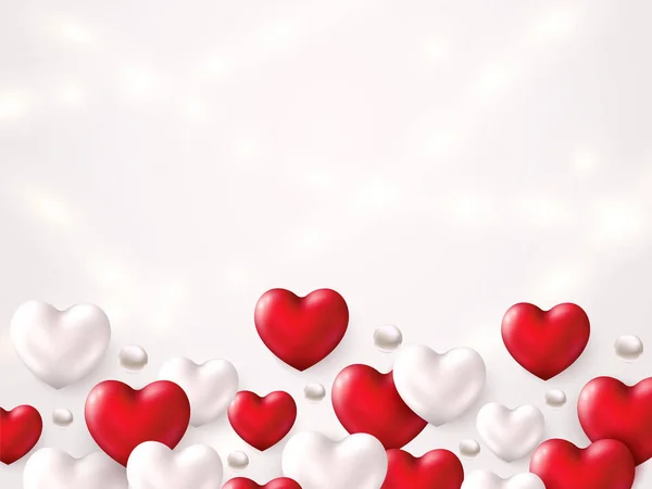 Happy Valentines Day baner. Realistyczne błyszczące czerwone serca i srebrny kolor na Świąteczna tapeta z girlanda świetlna. Kartkę z życzeniami z miejscem na tekst. — Wektor stockowy
